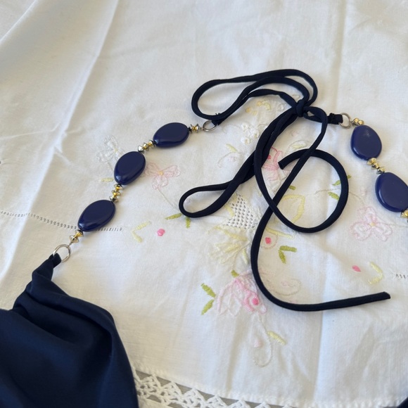 Y2K Navy Beaded Halter Cowl Neck Blouse Lipstick - Picture 4 of 8